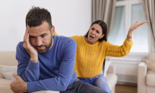 Young couple having argument - conflict, bad relationships. Angry fury woman.
